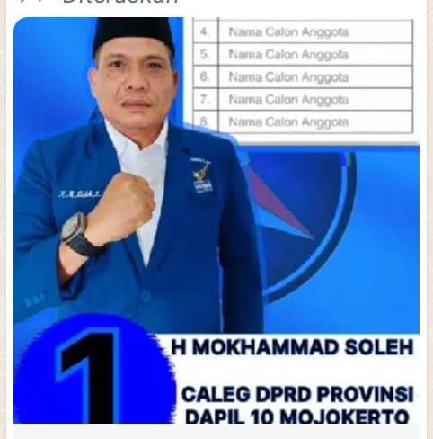 Caleg partai Demokrat H Muhamad soleh SS,sos
DPRD provinsi dapil 10
Mojokerto dan Jombang