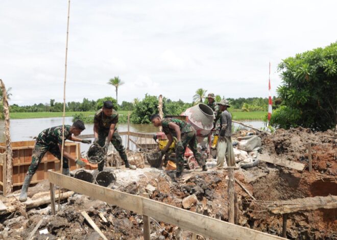 Pengecoran Menara Pilar Kedua Jembatan Garuda Terus Berlanjut, Personel Kodim 1009/Tanah Laut Genjot Pekerjaan