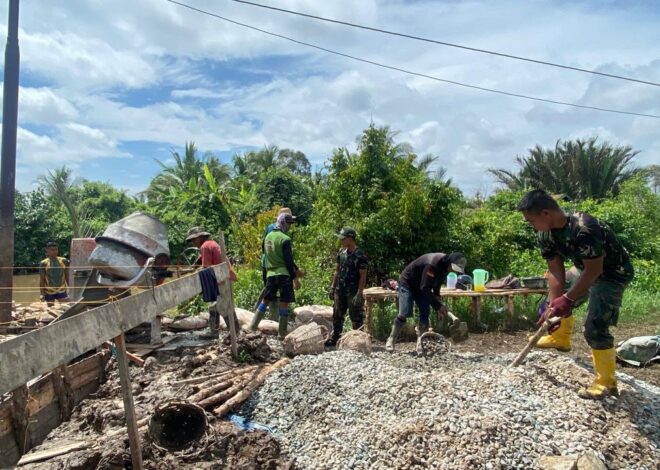 Pengecoran Lantai Dasar Angkur Box Tepi Jauh Jembatan Garuda Dimulai Personel Kodim 1009/Tla